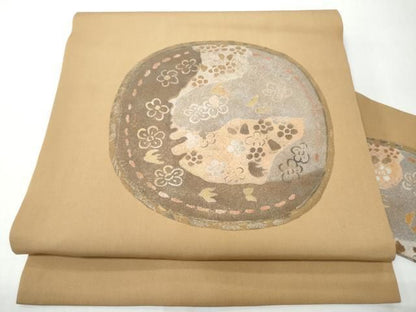 平和屋着物●塩瀬　九寸名古屋帯　作家物　絵皿花文　金彩　正絹　逸品　CABN8329hy