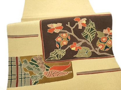 平和屋着物●九寸開き名古屋帯　成物　枝花文　鬼しぼ縮緬　正絹　逸品　CABN8358hy