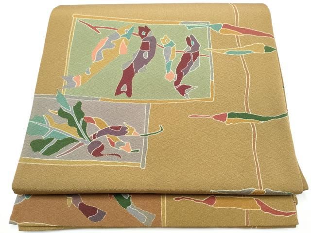 平和屋着物●全通柄　九寸開き名古屋帯　魚　金彩　正絹　逸品　CABN8361hy