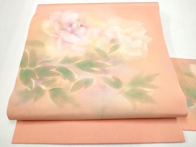 平和屋着物●塩瀬　九寸名古屋帯　枝牡丹　金銀彩　正絹　逸品　CABN8370hy