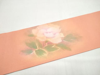 平和屋着物●塩瀬　九寸名古屋帯　枝牡丹　金銀彩　正絹　逸品　CABN8370hy