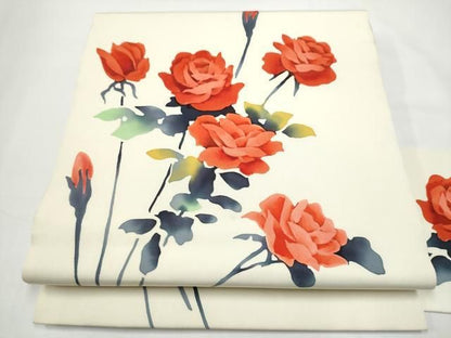 平和屋着物●塩瀬　九寸名古屋帯　ろうけつ染　薔薇　正絹　逸品　CABN8374hy