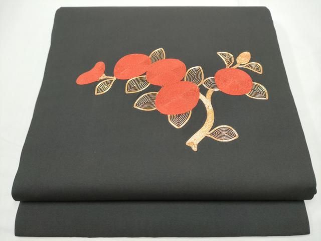 平和屋着物●塩瀬　九寸開き名古屋帯　総刺繍　駒刺繍　枝花文　黒地　正絹　逸品　CABN8378hy