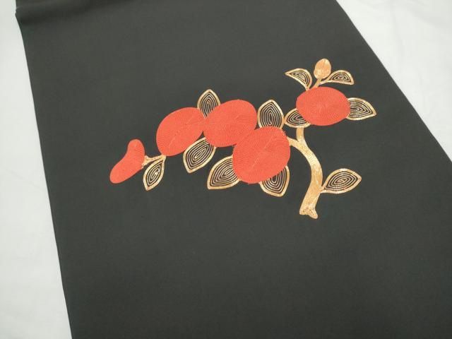 平和屋着物●塩瀬　九寸開き名古屋帯　総刺繍　駒刺繍　枝花文　黒地　正絹　逸品　CABN8378hy