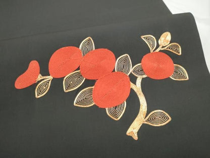 平和屋着物●塩瀬　九寸開き名古屋帯　総刺繍　駒刺繍　枝花文　黒地　正絹　逸品　CABN8378hy