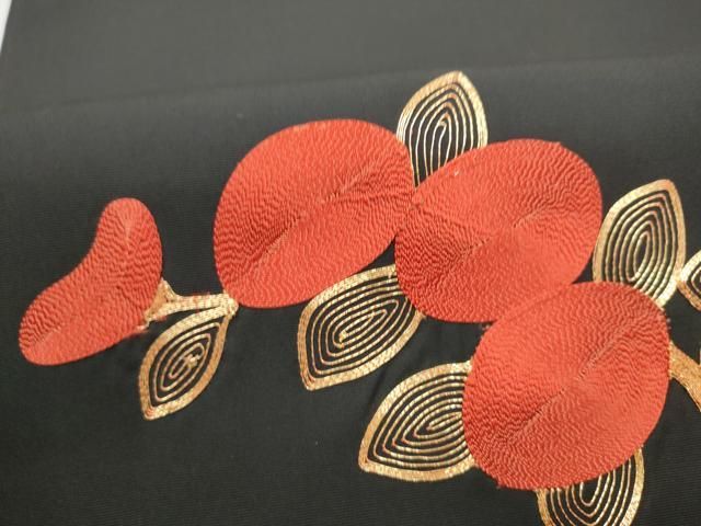 平和屋着物●塩瀬　九寸開き名古屋帯　総刺繍　駒刺繍　枝花文　黒地　正絹　逸品　CABN8378hy