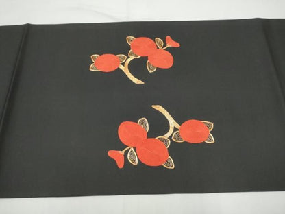 平和屋着物●塩瀬　九寸開き名古屋帯　総刺繍　駒刺繍　枝花文　黒地　正絹　逸品　CABN8378hy
