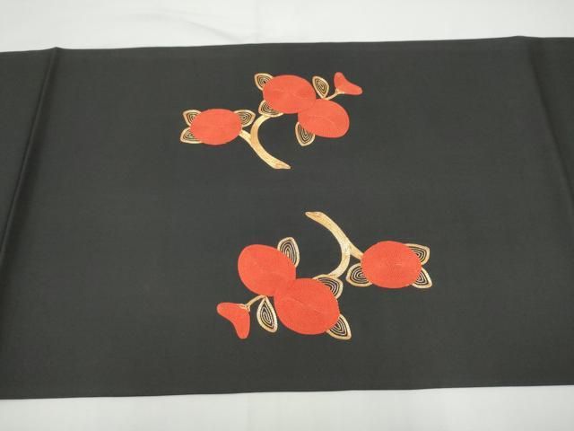 平和屋着物●塩瀬　九寸開き名古屋帯　総刺繍　駒刺繍　枝花文　黒地　正絹　逸品　CABN8378hy