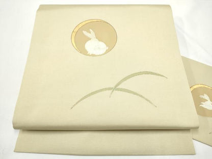 平和屋着物●塩瀬　九寸名古屋帯　兎　芝草文　金銀彩　正絹　逸品　CABN8384hy