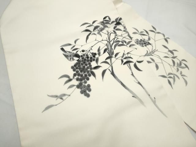 平和屋着物●塩瀬　九寸名古屋帯　手描き　休み鳥葡萄枝葉文　正絹　逸品　CABN8385hy