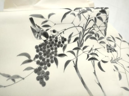 平和屋着物●塩瀬　九寸名古屋帯　手描き　休み鳥葡萄枝葉文　正絹　逸品　CABN8385hy