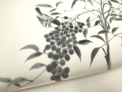 平和屋着物●塩瀬　九寸名古屋帯　手描き　休み鳥葡萄枝葉文　正絹　逸品　CABN8385hy