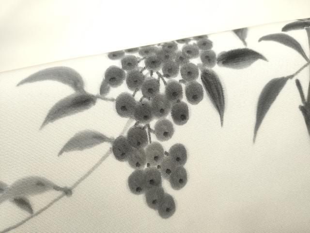 平和屋着物●塩瀬　九寸名古屋帯　手描き　休み鳥葡萄枝葉文　正絹　逸品　CABN8385hy
