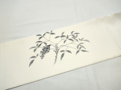 平和屋着物●塩瀬　九寸名古屋帯　手描き　休み鳥葡萄枝葉文　正絹　逸品　CABN8385hy