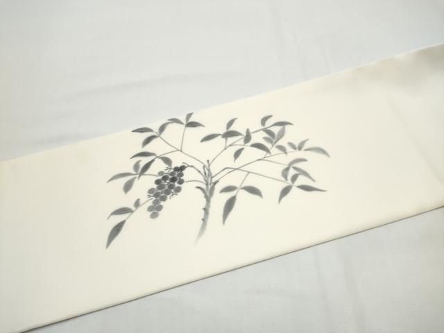 平和屋着物●塩瀬　九寸名古屋帯　手描き　休み鳥葡萄枝葉文　正絹　逸品　CABN8385hy