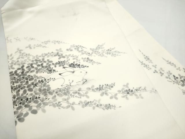 平和屋着物●塩瀬　九寸名古屋帯　手描き　兎　枝葉文　正絹　逸品　CABN8386hy