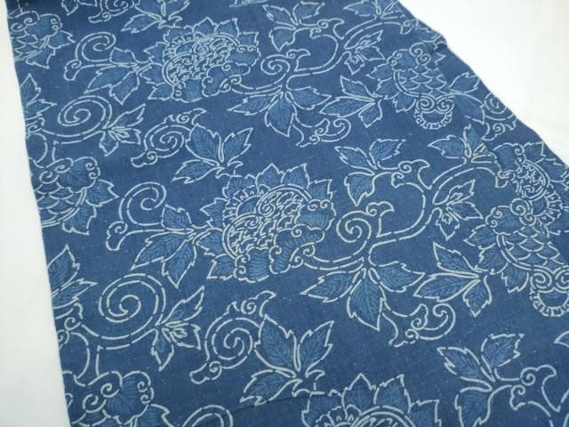 平和屋着物●全通柄　九寸名古屋帯　紬地　藍　更紗花文　正絹　逸品　CABN8390hy