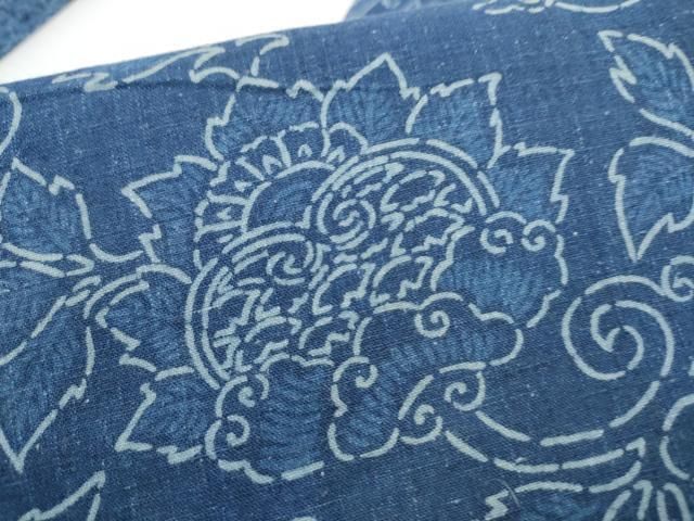 平和屋着物●全通柄　九寸名古屋帯　紬地　藍　更紗花文　正絹　逸品　CABN8390hy