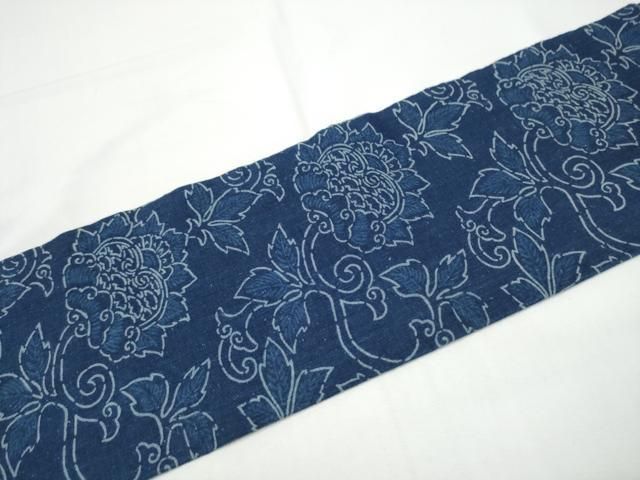 平和屋着物●全通柄　九寸名古屋帯　紬地　藍　更紗花文　正絹　逸品　CABN8390hy