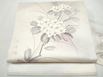 平和屋着物●九寸名古屋帯　作家物　手描き　刺繍　枝花文　銀糸　正絹　逸品　CABN8394hy