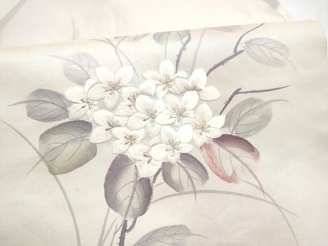 平和屋着物●九寸名古屋帯　作家物　手描き　刺繍　枝花文　銀糸　正絹　逸品　CABN8394hy