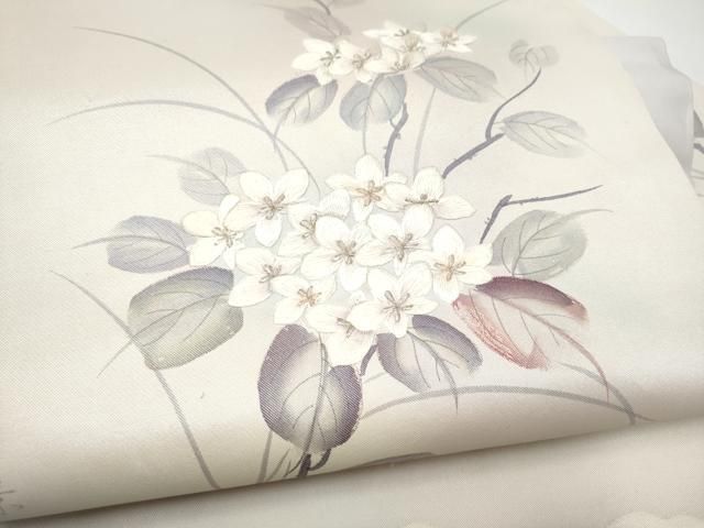 平和屋着物●九寸名古屋帯　作家物　手描き　刺繍　枝花文　銀糸　正絹　逸品　CABN8394hy