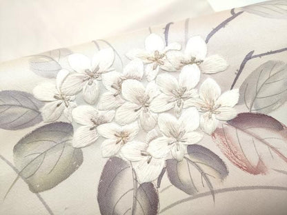 平和屋着物●九寸名古屋帯　作家物　手描き　刺繍　枝花文　銀糸　正絹　逸品　CABN8394hy
