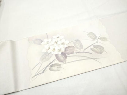 平和屋着物●九寸名古屋帯　作家物　手描き　刺繍　枝花文　銀糸　正絹　逸品　CABN8394hy