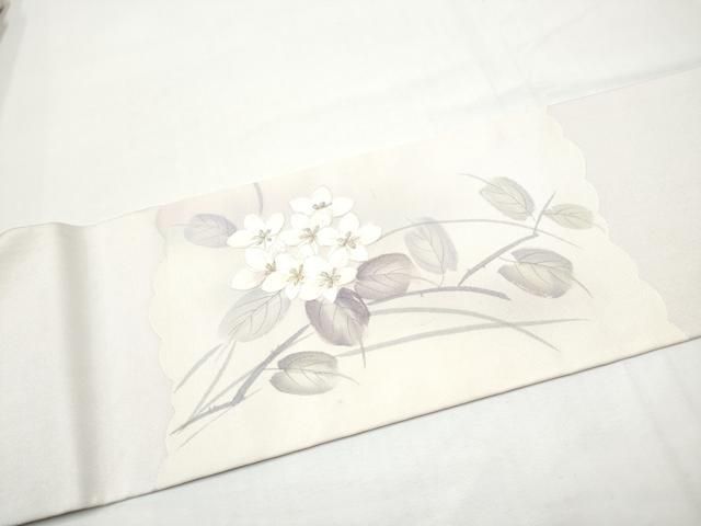 平和屋着物●九寸名古屋帯　作家物　手描き　刺繍　枝花文　銀糸　正絹　逸品　CABN8394hy