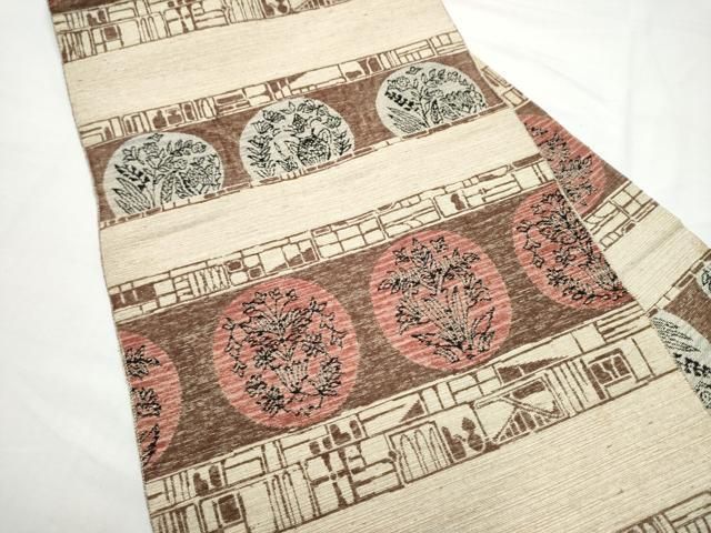 平和屋着物●八寸名古屋帯　紬地　陶器花丸文　正絹　逸品　CABN8397hy