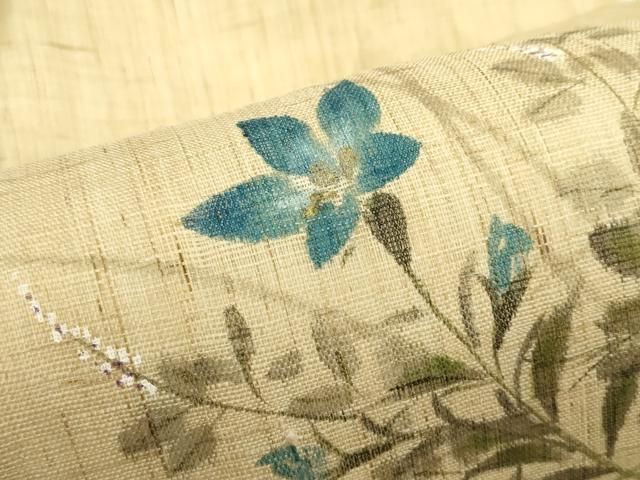 平和屋着物＊夏物　九寸名古屋帯　作家物　手描き　草花文　麻　逸品　CABN8412rv