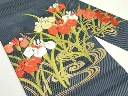 平和屋着物＊夏物　九寸名古屋帯　唐織　杜若　金糸　正絹　逸品　未使用　CABN8416rv