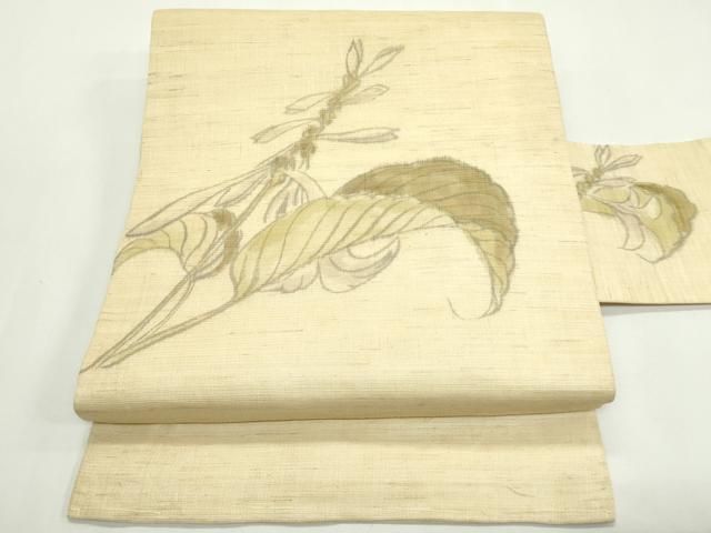 平和屋着物＊夏物　九寸名古屋帯　手描き　草花文　麻　逸品　CABN8418rv
