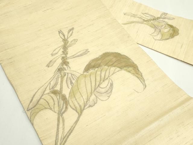 平和屋着物＊夏物　九寸名古屋帯　手描き　草花文　麻　逸品　CABN8418rv