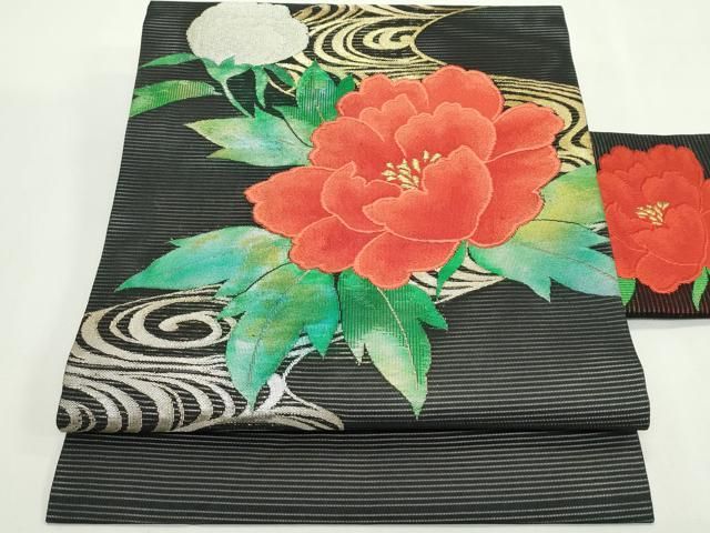 平和屋着物＊夏物　九寸名古屋帯　流水牡丹文　黒地　金銀糸　正絹　逸品　CABN8419rv