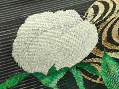 平和屋着物＊夏物　九寸名古屋帯　流水牡丹文　黒地　金銀糸　正絹　逸品　CABN8419rv