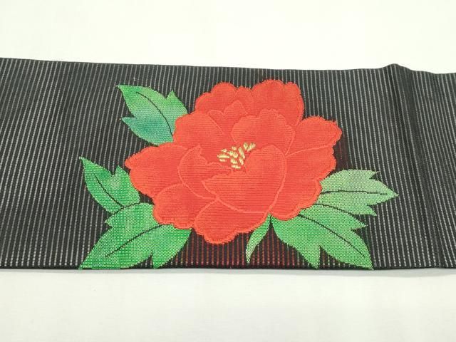 平和屋着物＊夏物　九寸名古屋帯　流水牡丹文　黒地　金銀糸　正絹　逸品　CABN8419rv