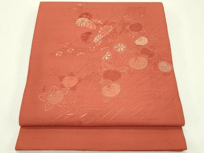 平和屋着物●太鼓柄袋帯　紬地　総刺繍　中国三大刺繍　スワトウ相良刺繍　立波短冊花文　鈴乃屋扱い　正絹　逸品　CABN8673rv