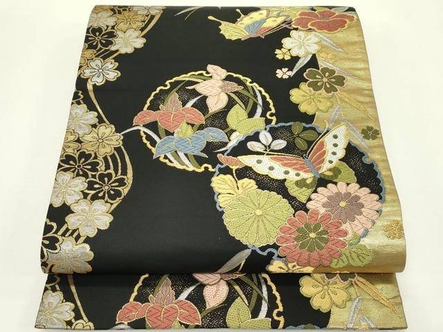 平和屋着物●両面　全通柄袋帯　唐織　雪輪花蝶文　黒地　金銀糸　正絹　逸品　CABN8681rv