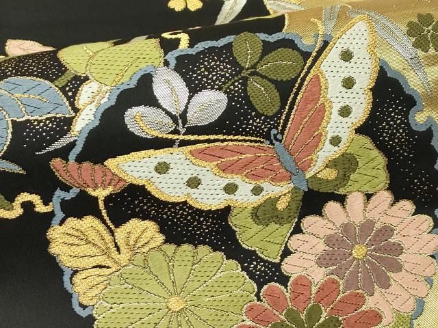 平和屋着物●両面　全通柄袋帯　唐織　雪輪花蝶文　黒地　金銀糸　正絹　逸品　CABN8681rv