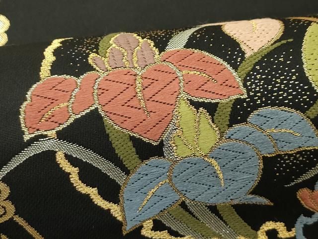 平和屋着物●両面　全通柄袋帯　唐織　雪輪花蝶文　黒地　金銀糸　正絹　逸品　CABN8681rv