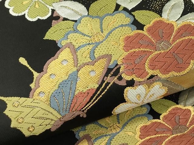 平和屋着物●両面　全通柄袋帯　唐織　雪輪花蝶文　黒地　金銀糸　正絹　逸品　CABN8681rv