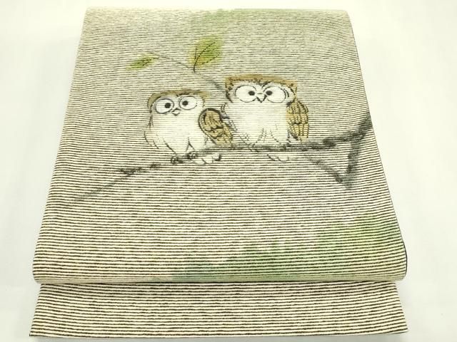 平和屋着物●両面　太鼓柄袋帯　紙布　手描き　梟　金糸　正絹　逸品　未使用　CABN8684rv