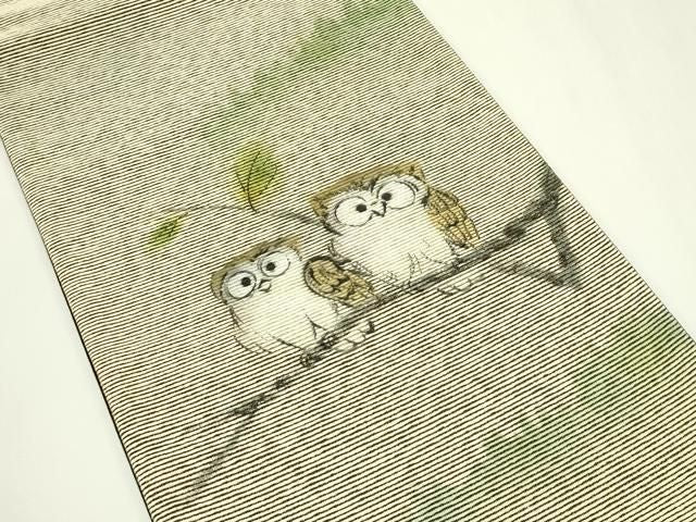 平和屋着物●両面　太鼓柄袋帯　紙布　手描き　梟　金糸　正絹　逸品　未使用　CABN8684rv