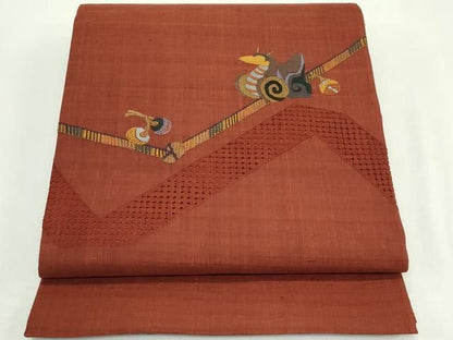平和屋着物●太鼓柄袋帯　紬地　総刺繍　中国三大刺繍　スワトウ刺繍　玩具文　正絹　逸品　未使用　CABN8693rv