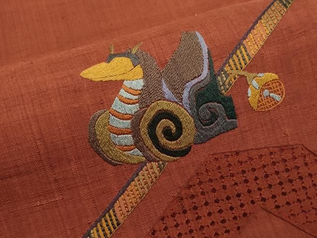平和屋着物●太鼓柄袋帯　紬地　総刺繍　中国三大刺繍　スワトウ刺繍　玩具文　正絹　逸品　未使用　CABN8693rv