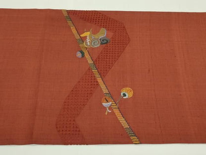 平和屋着物●太鼓柄袋帯　紬地　総刺繍　中国三大刺繍　スワトウ刺繍　玩具文　正絹　逸品　未使用　CABN8693rv