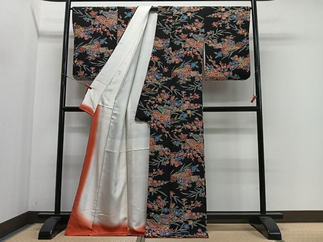 平和屋着物■上質な小紋　風景枝花文　黒地　鬼しぼ縮緬　正絹　逸品　CABN9250ua