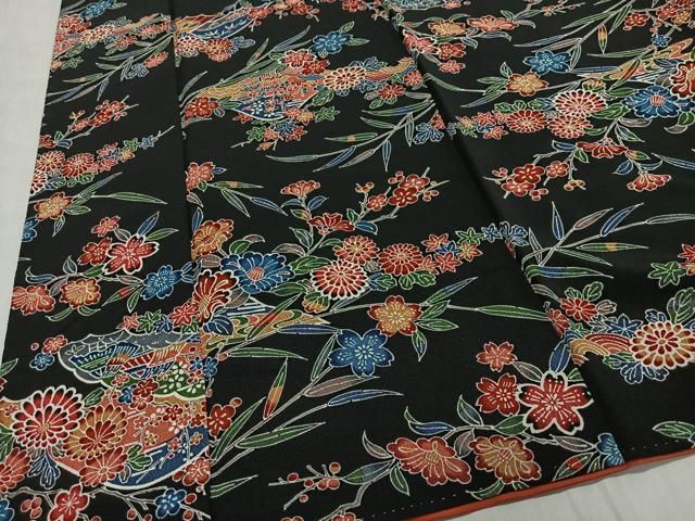 平和屋着物■上質な小紋　風景枝花文　黒地　鬼しぼ縮緬　正絹　逸品　CABN9250ua