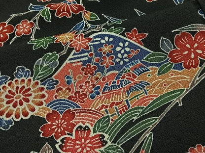 平和屋着物■上質な小紋　風景枝花文　黒地　鬼しぼ縮緬　正絹　逸品　CABN9250ua